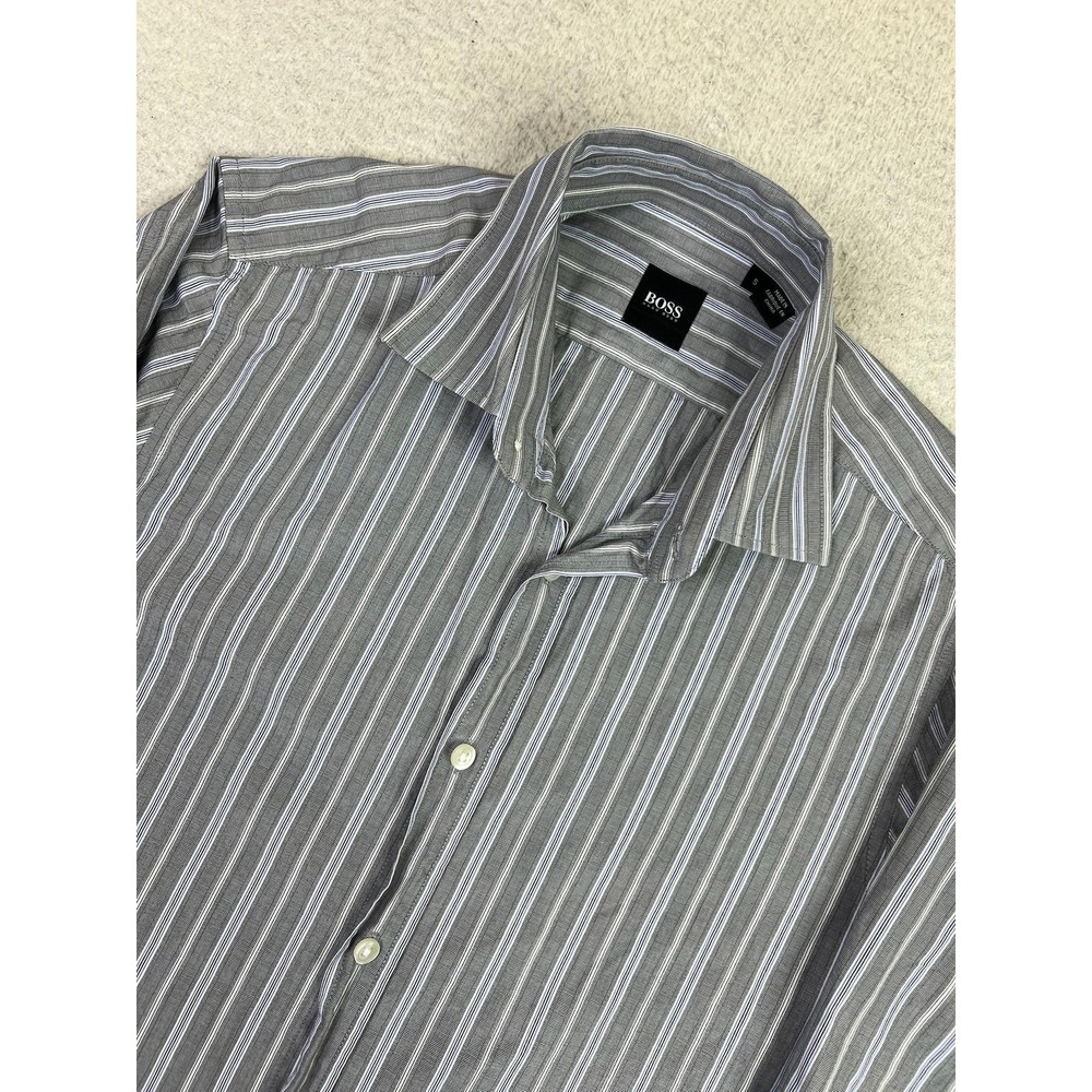 Hugo Boss Mens Small Gray Blue Striped Button Down Long Sleeve Lex Dress Shirt